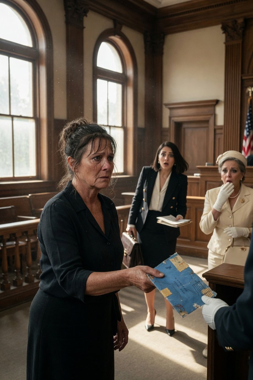 My daughter became a lawyer after I scrubbed floors for twenty years to pay for her tuition, but today she walked into court to defend the woman who fired and humiliated me — so I simply handed the bailiff a small, tattered blue envelope.