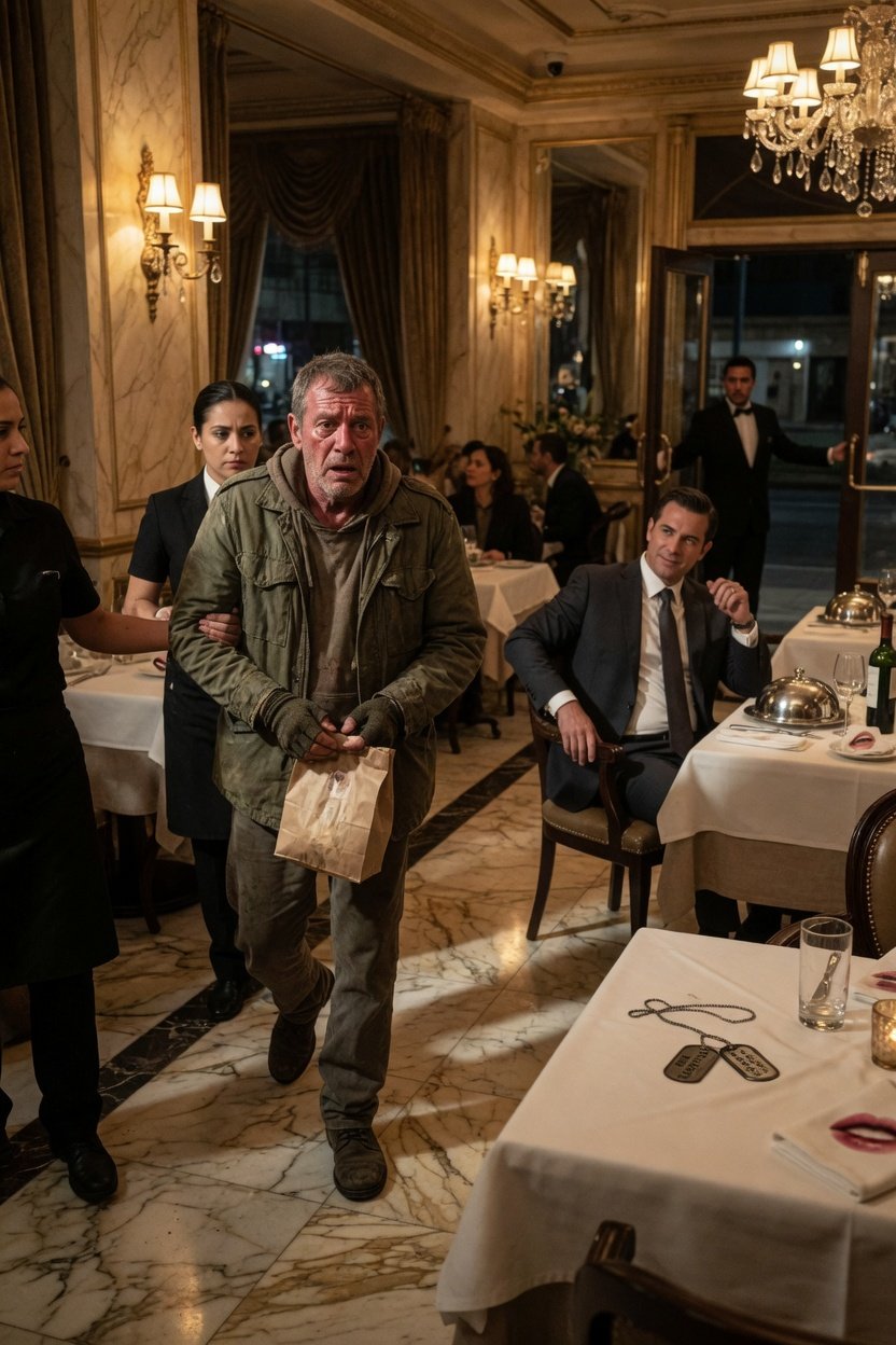 The homeless veteran was escorted out of the five-star restaurant, but the CEO said 'he's just a beggar' and the staff believed him — so I only placed my old dog tags on the table.